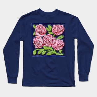 Pink Roses Majolica Floral Tile Long Sleeve T-Shirt